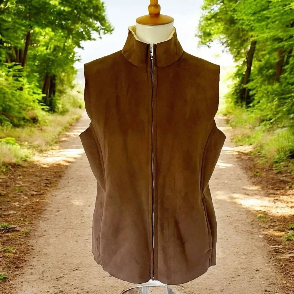 Sherpa Lined Lands End Zip Up Faux Suede Warm Vest Size M/P Medium Petite Brown